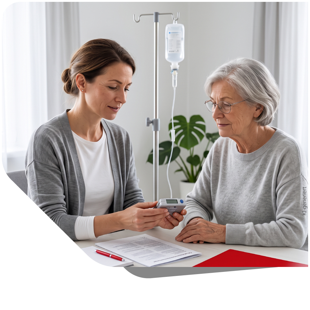 Eine Hand hält eine Infusion, die für die Durchführung einer Infusionstherapie zu Hause steht. Symbolisiert die qualifizierte Homecare-Versorgung durch Profi Gesundheits-Service.